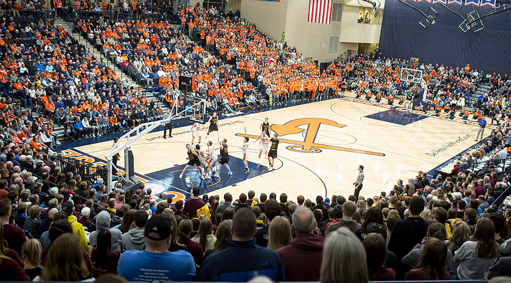 Picture from the upper concourse showing the Feb. 2, 2019, Calvin-Hope game at Hope's DeVos Fieldhouse. (Hope athletics photo)
