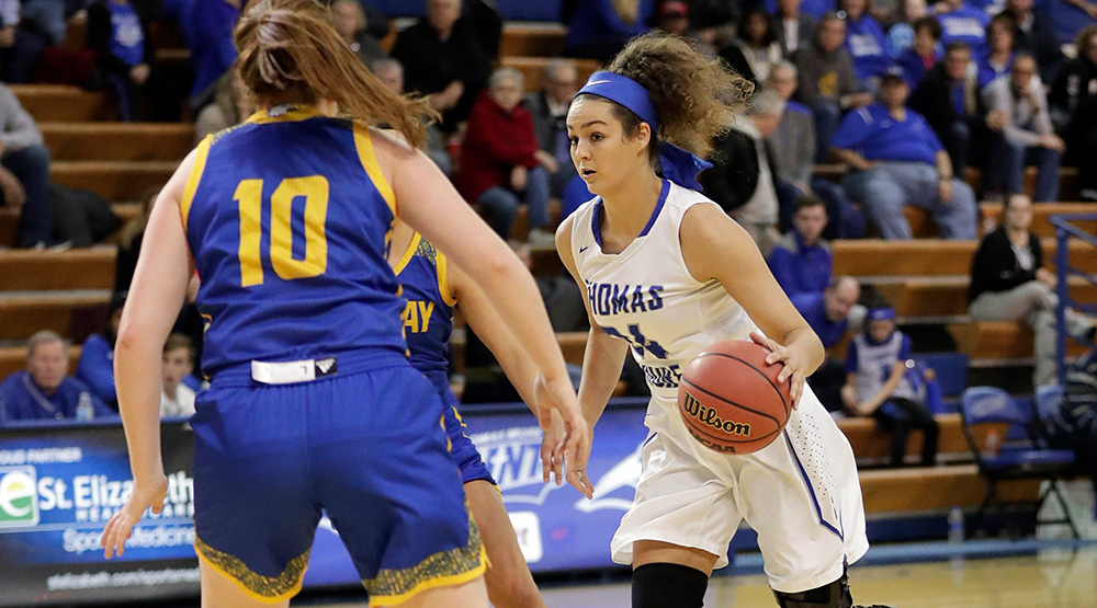 Madison Temple bringing the ball up the floor. (Thomas More athletics photo)